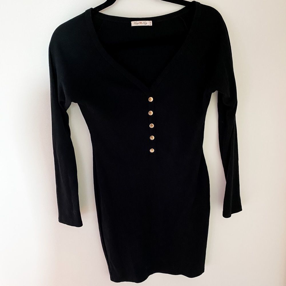 Heart & Hips Bodycon Button Up Long Sleeve Dress Black Size Medium